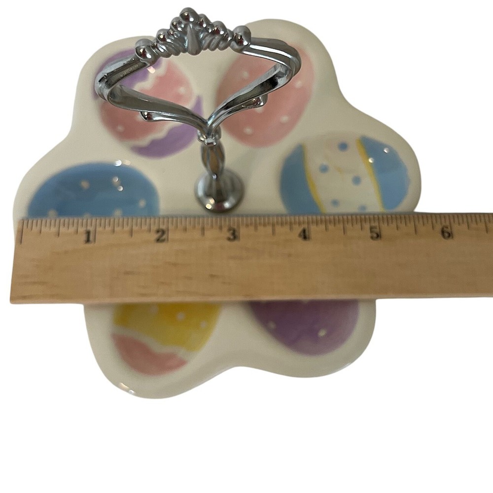 Easter Egg Tray Colorful Ceramic Platter Holds Six Dyed Eggs Silver Tone Handle