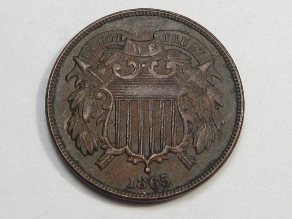Better Date 1865 2¢ Two Cent Piece w/ Full "WE".  #15