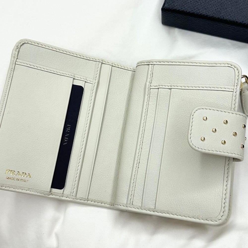 PRADA Studded Leather Bi-Fold Wallet White