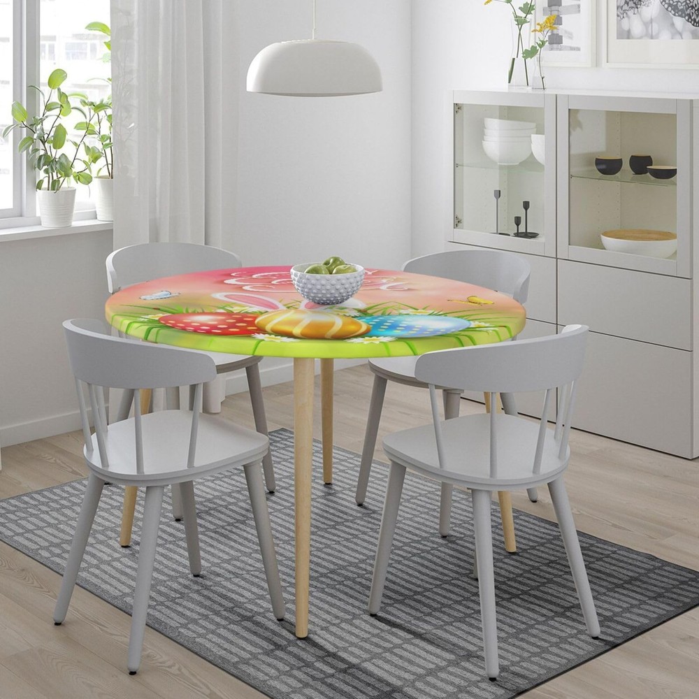 Easter Round Tablecloth with Elastic Edge, Easter Rabbit Egg Fitted Tableclot...