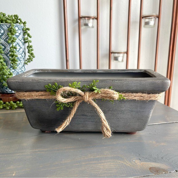 Eclectic Revival Upcycled Hand Painted Rectangular Planter Grey Twine & Greenery