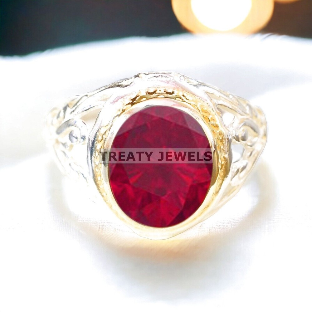 Ruby Oval Cut Gemstone With 14K Solid White Gold Ring For Men's #A519