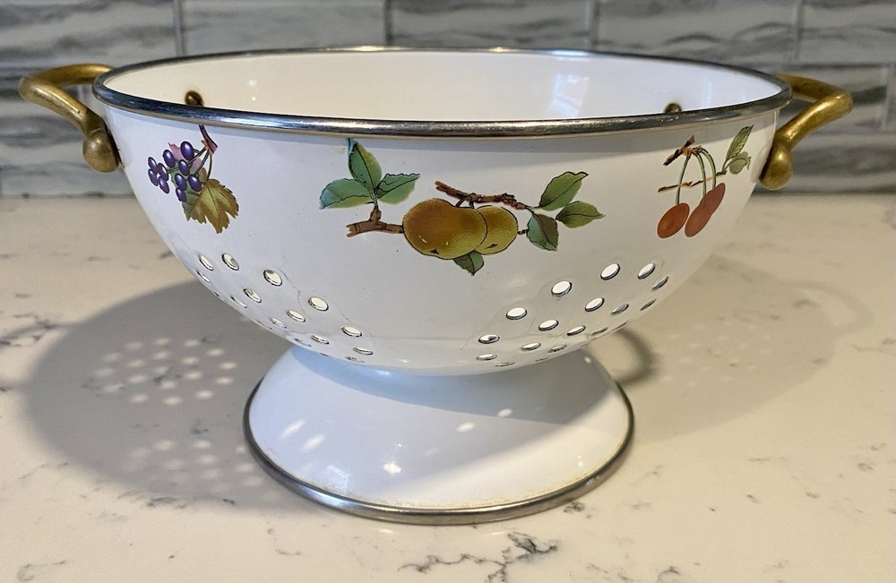 White Enamel Colander, Brass Handles, Fruit Designs, Tabletops Unlimited