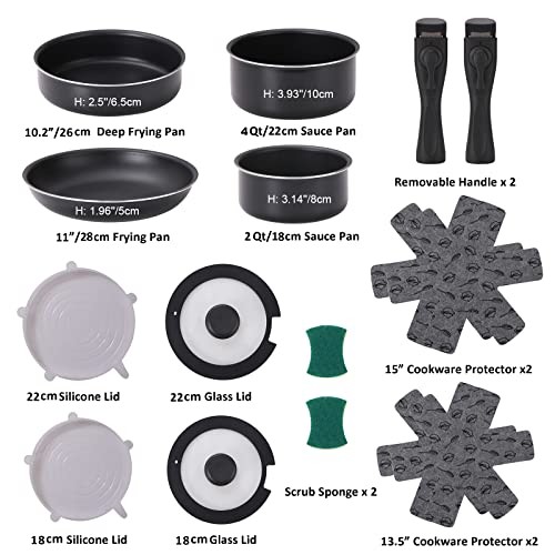 16 Pieces Kitchen Removable Handle Cookware Sets, Stackable Pots and 16 pcs