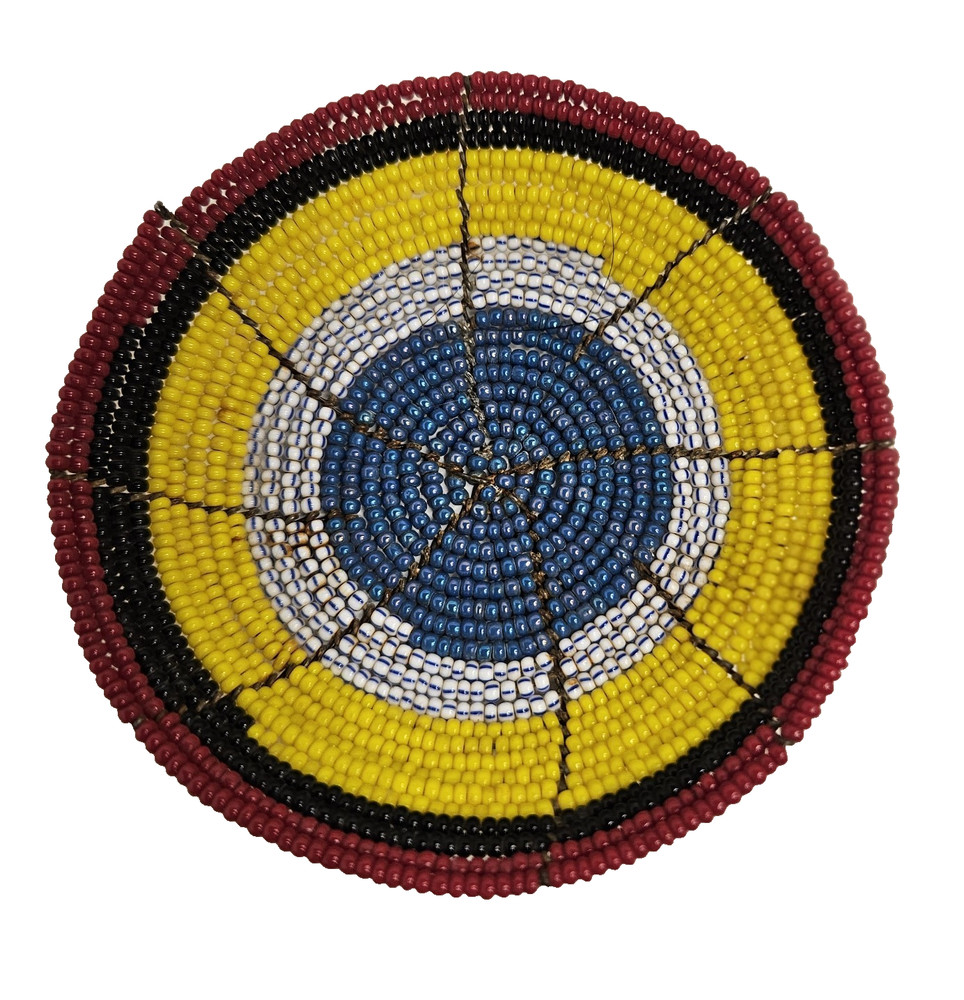 Handmade Woven Basket Multi-Colored Threaded Pattern -3 1/4" Across, 1" Depth