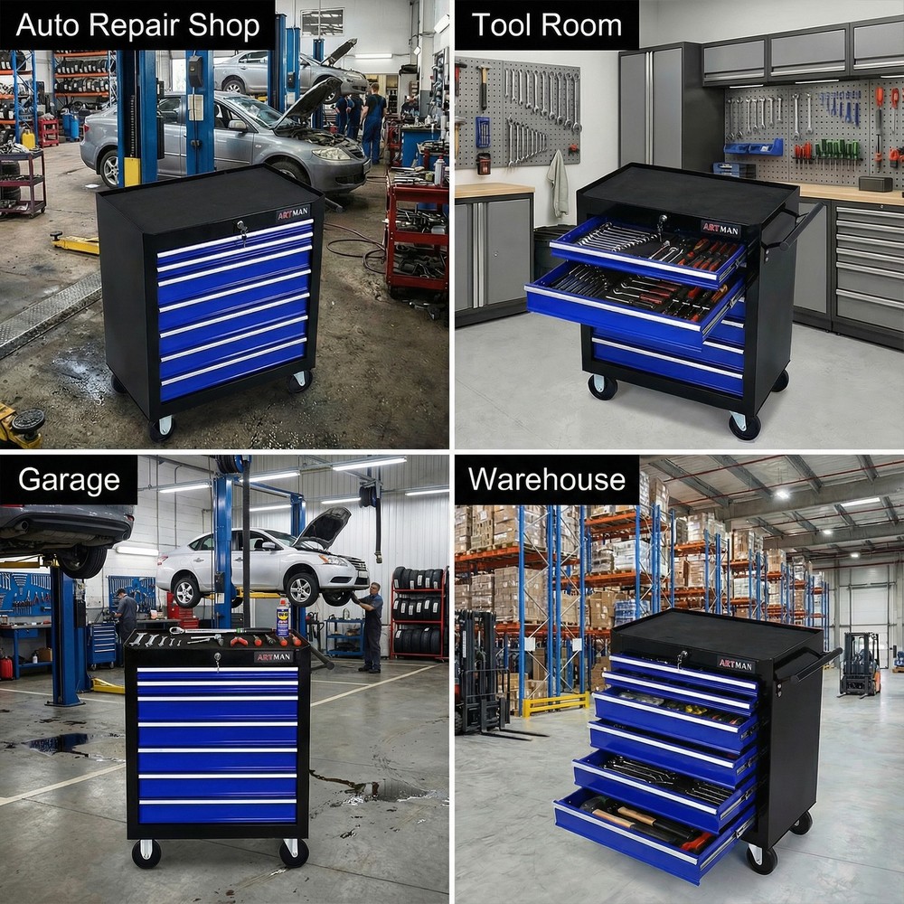 7 DRAWERS MULTIFUNCTIONAL TOOL CART WITH WHEELS-BLACK+BLUE