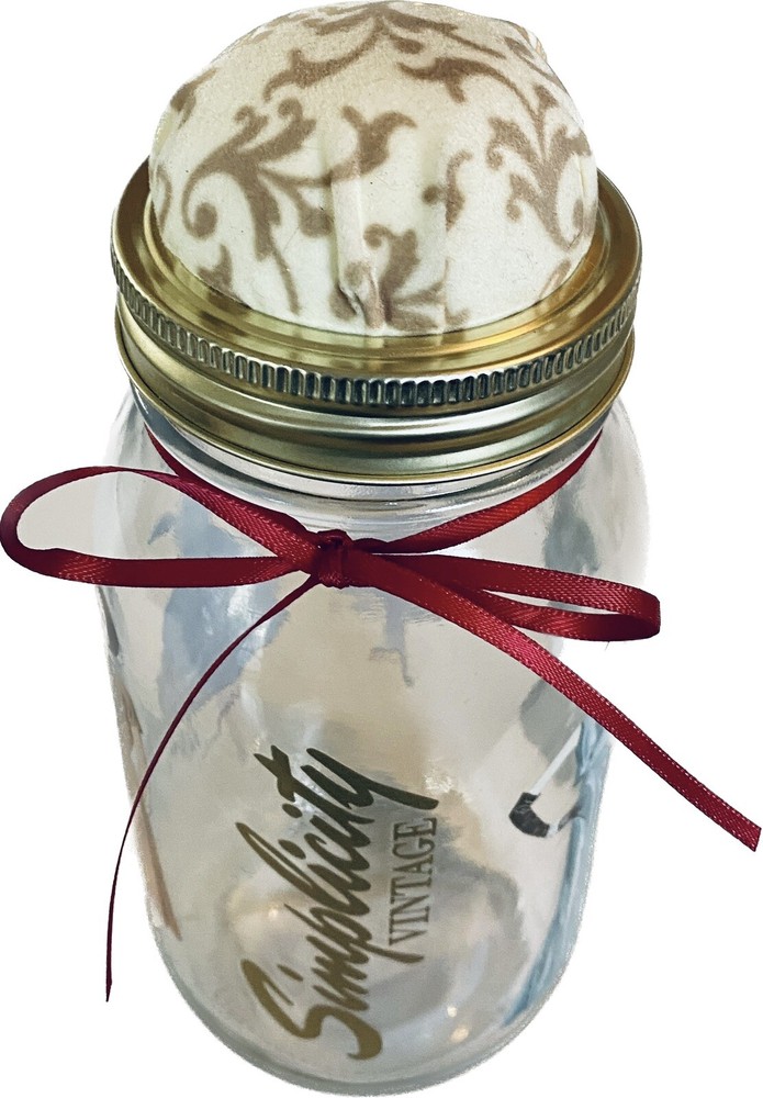 SIMPLICITY VINTAGE STORAGE JAR WITH PIN CUSHION TOP. BUTTON THREAD STORAGE
