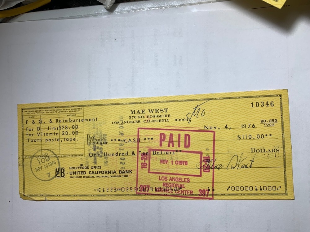 MAE WEST hand signed autographed checks with cancellations for discount pricing.