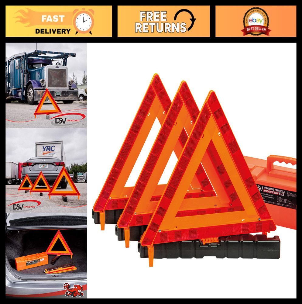 Safety Warning Triangles 3 Pack - DOT Approved Reflective Roadside Emergency Kit