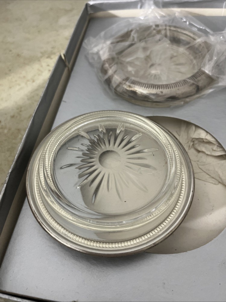 Vtg Glass Silverplate Drink Coasters