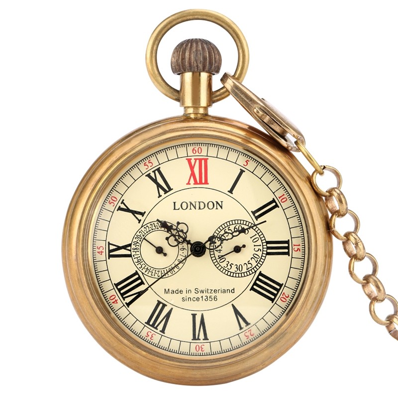 Vintage Solid Copper Mechanical Pocket Watch Hand-Wind 24-Hour/Seconds Subdials