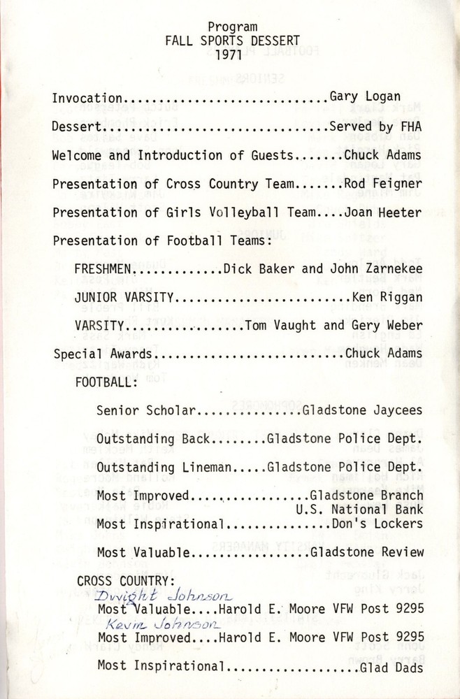 1971 Gladstone Oregon High School Fall Sports Dessert Program