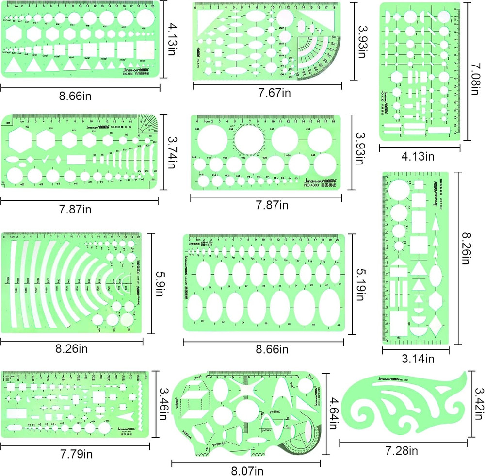 11PCS Geometric Drawings Templates, Drafting Stencils Measuring Tools, Transpare