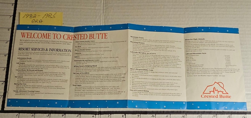 CRESTED BUTTE SKI AREA TRAIL MAP (1982-85 ERA) EX-MINT