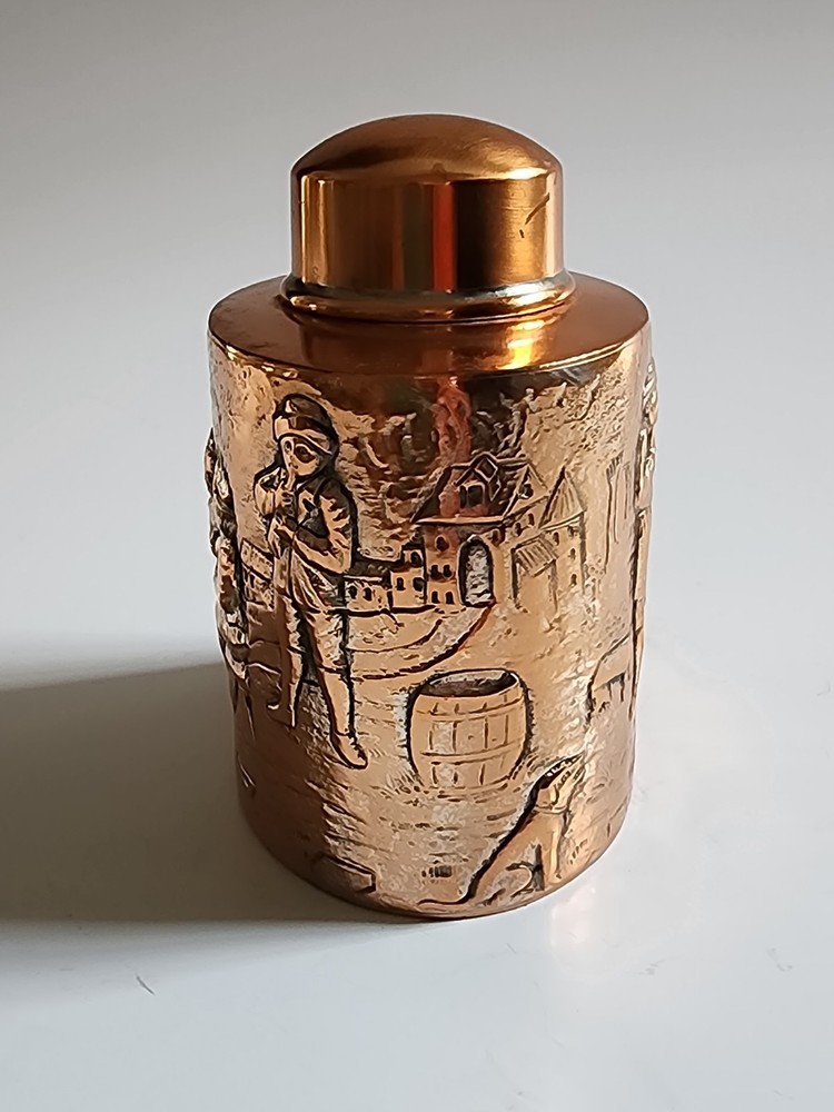 Antique Bright COPPER Tea Caddy Repousse People In Streets Hallmarks On Bottom