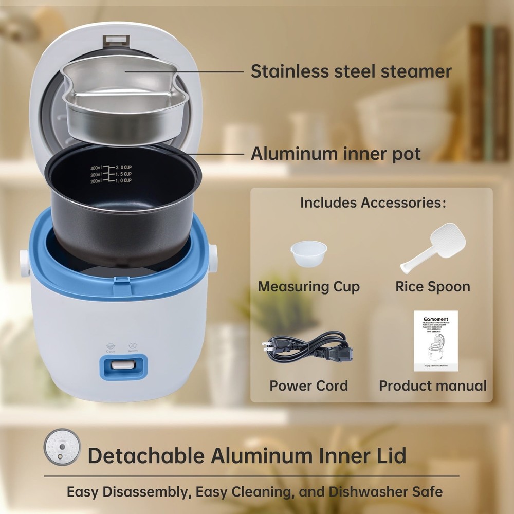 Non-Stick Mini Rice Cooker, 1 Cup-2 Cup, Blue