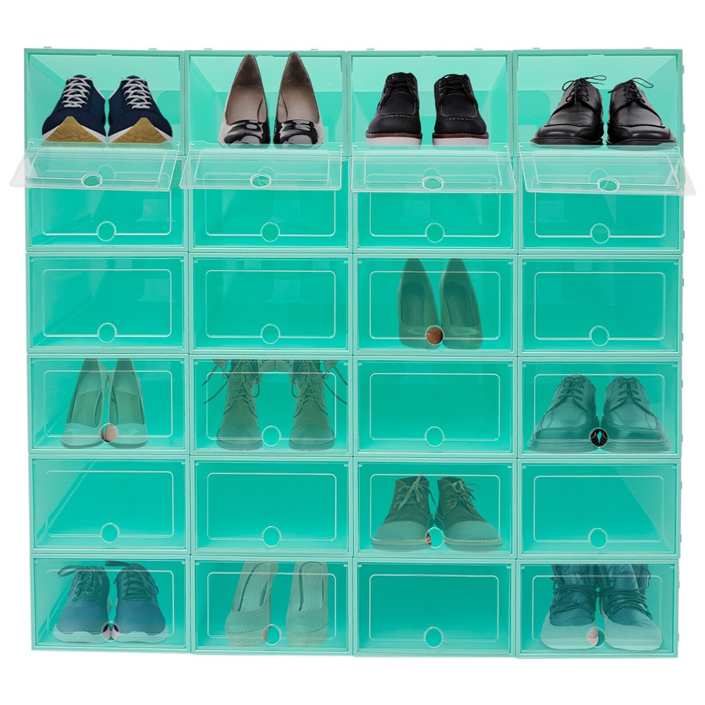 24Pack Foldable Shoe Box Storage Stackable Plastic Sneaker Case Organizer W/Lids