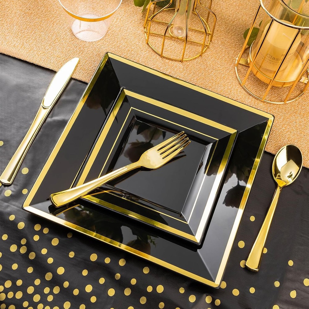 352 Piece Black Dinnerware Set for 50 Guests, Black Square Plastic Plat