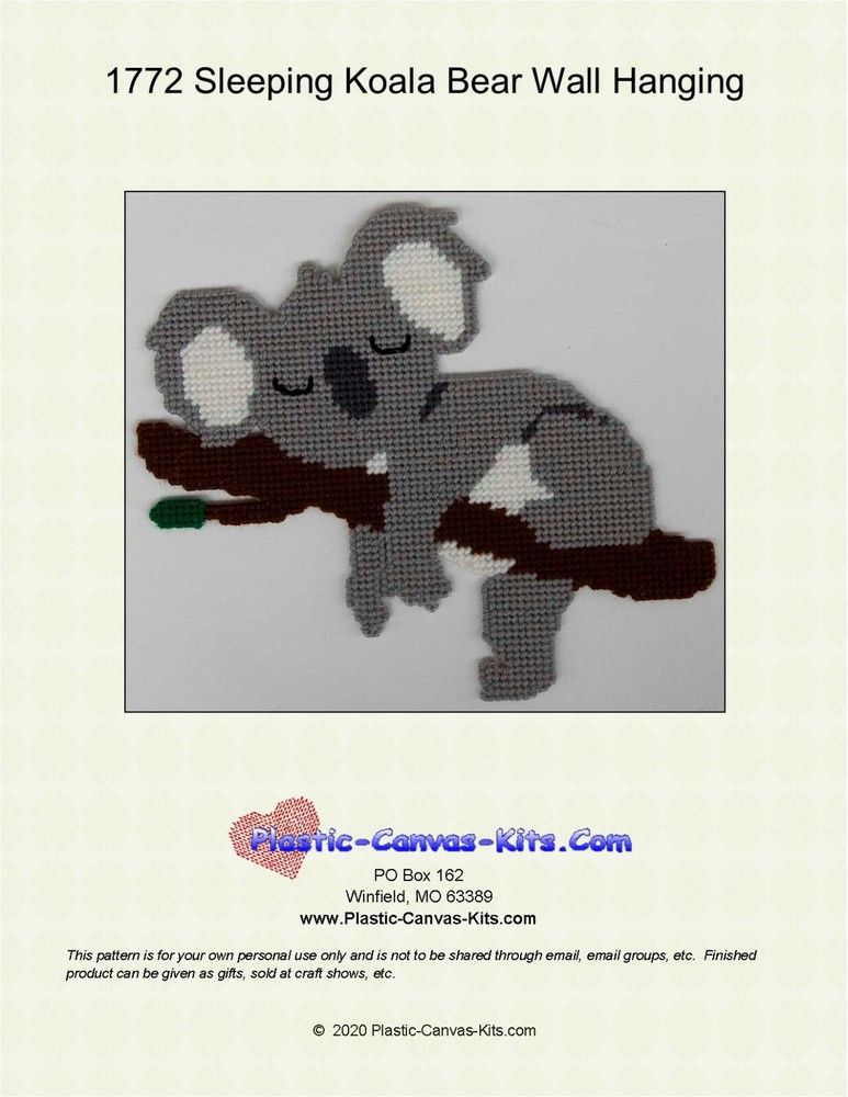 Sleeping Koala Bear Wall Hanging- Plastic Canvas Pattern or Kit