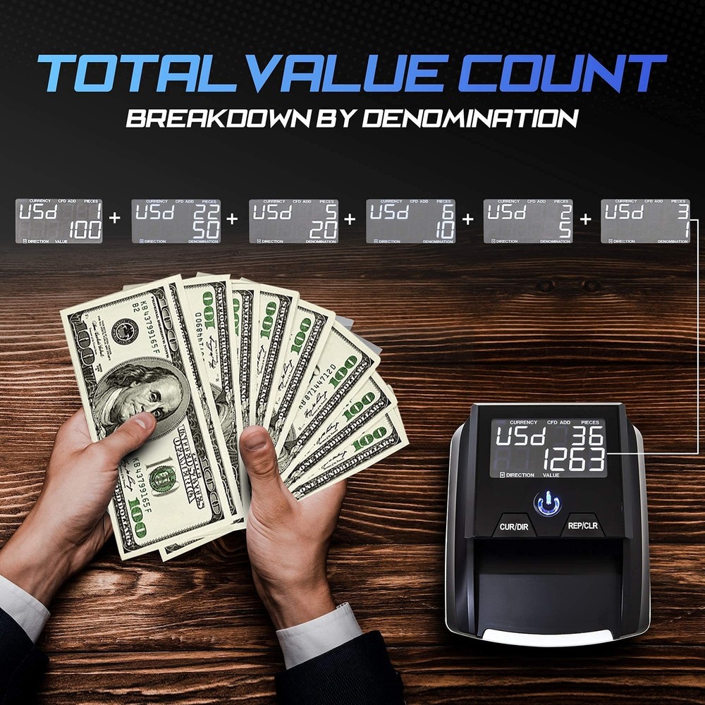 Portable Counterfeit Bill Detector Machine, Automatic 4-Way Direction USD & E...