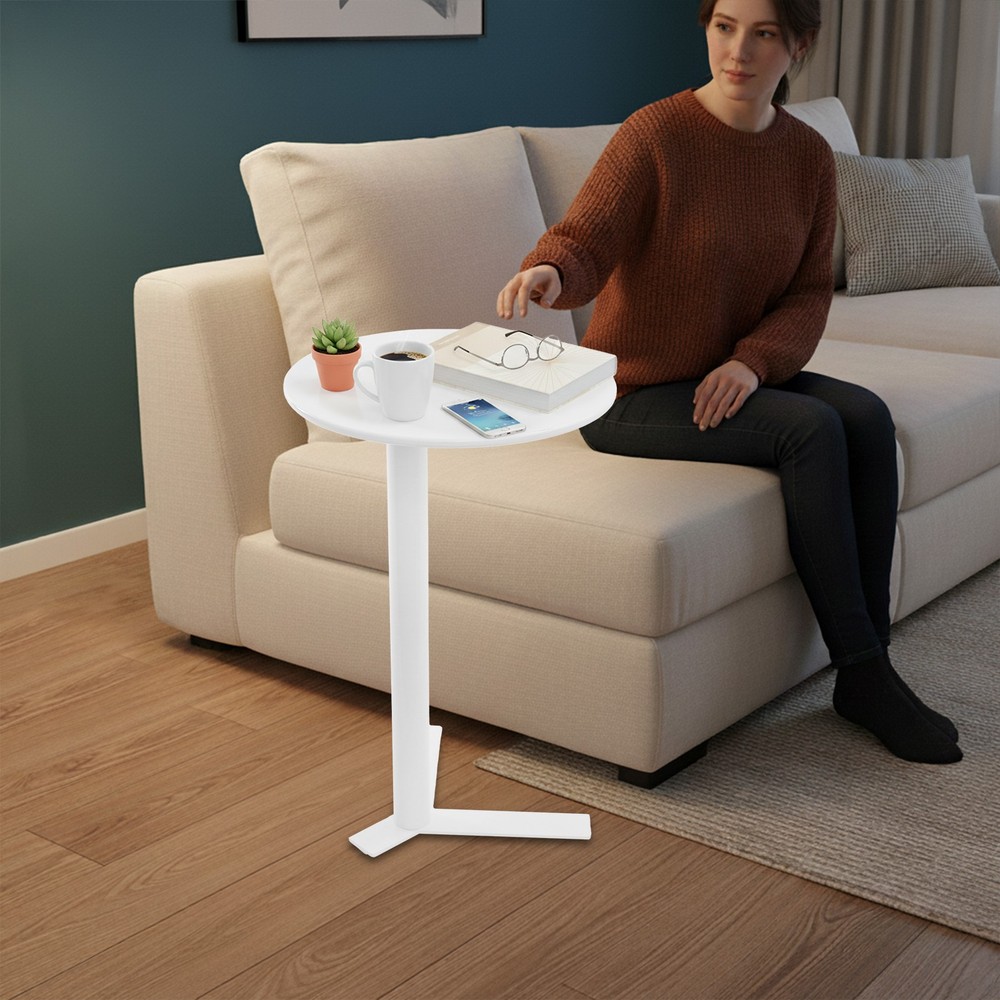 White Iron Round Side Table Modern Couch End Table Nightstand With Y-shaped Base