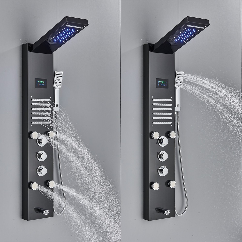 Shower Panel Tower System Rainfall Head Massage System with LED Body Jet Black