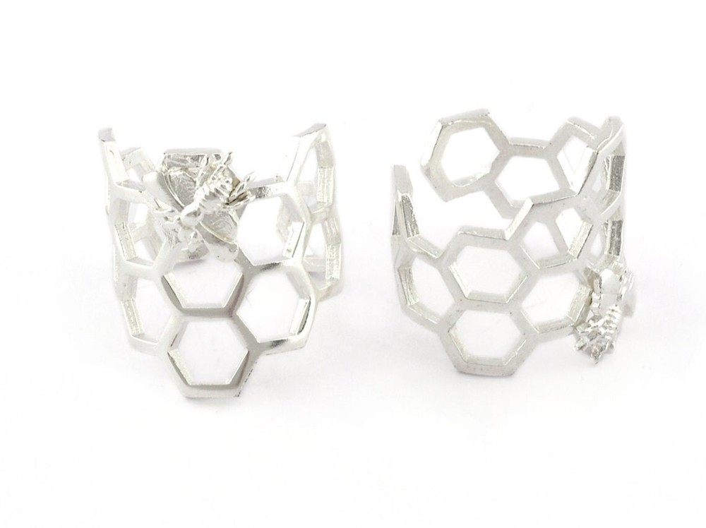 Honey Comb Ring, Bee Ring, Adjustable Shiny Silver plated brass 8US size 5213