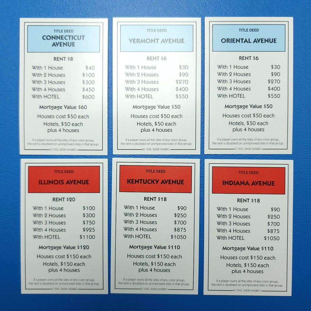 Monopoly Championship Deeds Cards Replacement Game Piece Complete Set