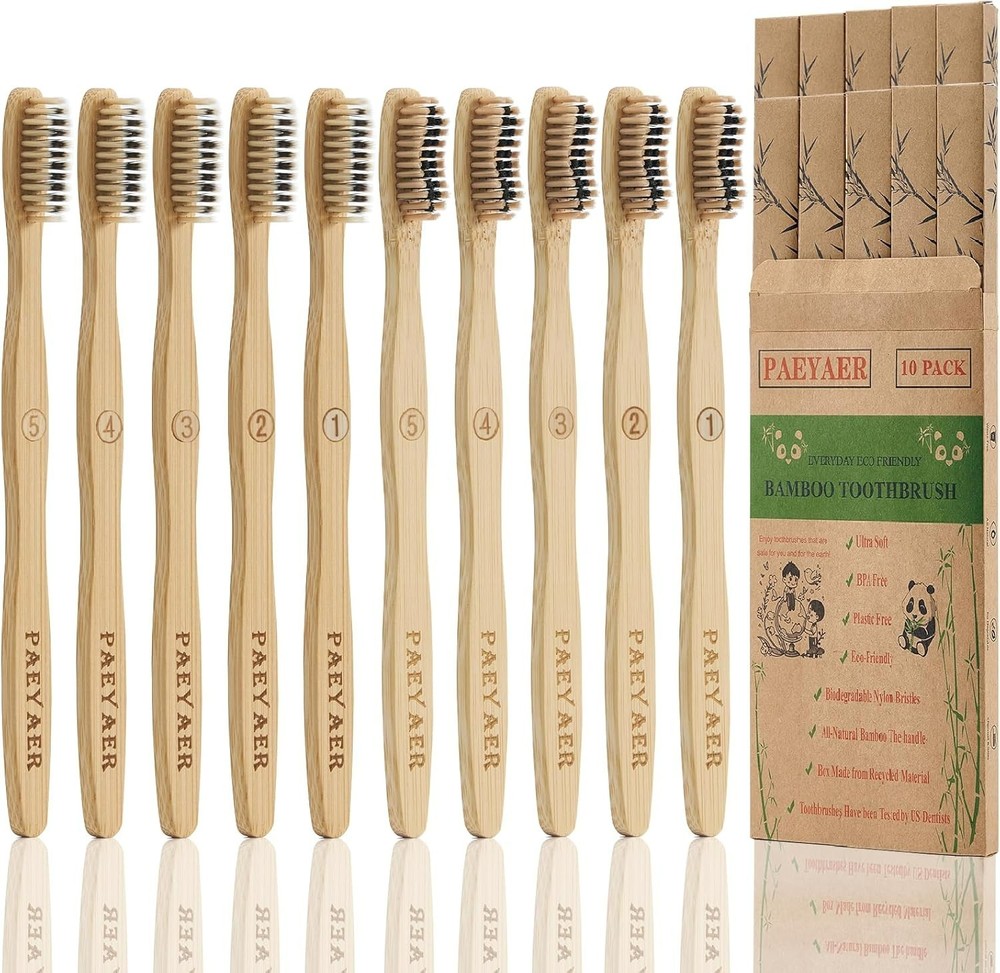 10 Pack  Bamboo Toothbrushes Biodegradable Soft Medium Charcoal Bristles