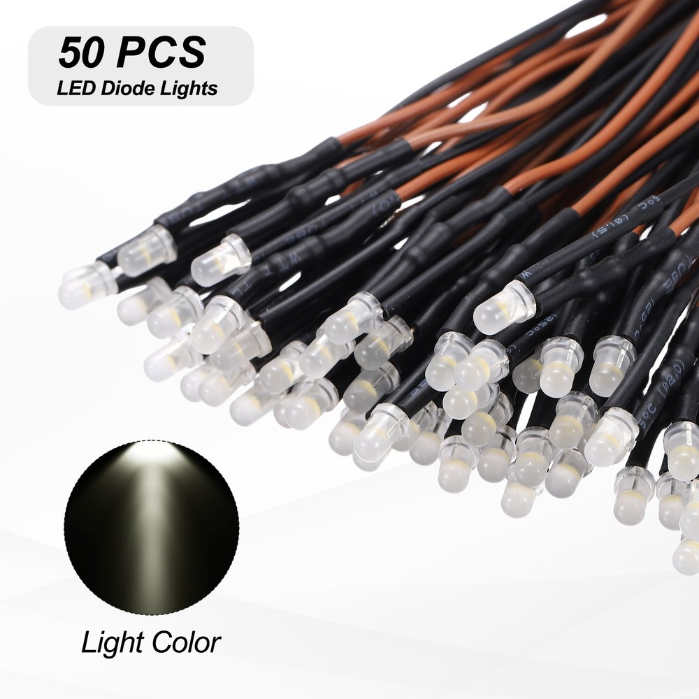 50pcs 3mm LED Diode Lights, Warm White Light DC 12V for Electronics