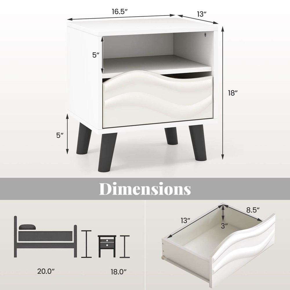 2PCS Nightstand w/Drawer 3D Wavy Pattern Open Shelf Small Sofa Couch Side Table