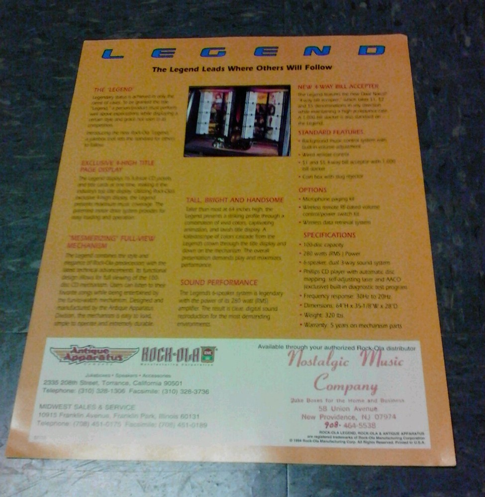 ROCK-OLA LEGEND CD Jukebox flyer- original