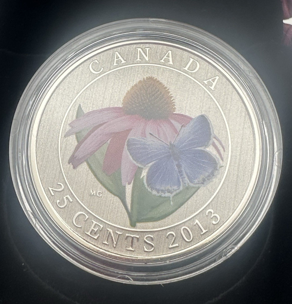 2013 25 Cent Coloured Coin - Purple Coneflower & Eastern Tailed Blue