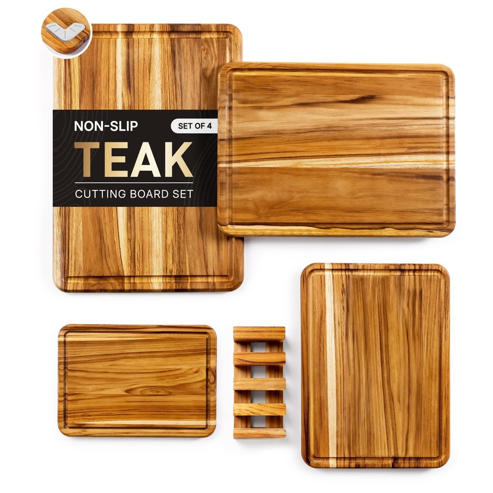 4 Pack Teak Cutting Board Set for Kitchen Heavy Duty Non Non Slip Solid Thick...