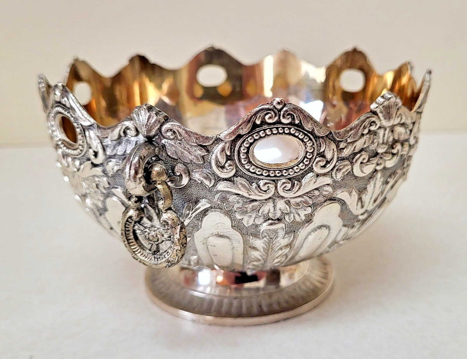 Vtg Silverplate Gold Bowl Candy Dish 5x3" Ornate Handles Embossed Raimond Japan