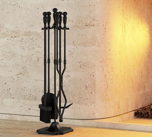 5 Pcs Fireplace Tools Sets Heavy Duty Wrought Iron Large Fire Tool Set and
