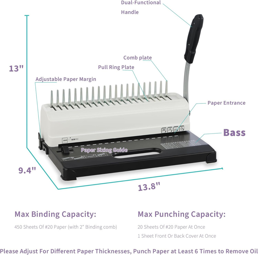 Binding Machine, 19-Hole, 450 Sheets, Comb Binder Machines with 100 PCS 1/2" Com