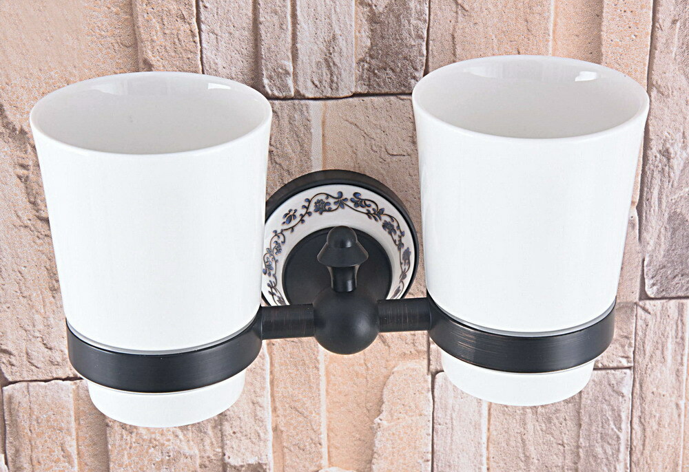 Black Oil Rubbed Brass Bathroom Toothbrush Holder with 2 Ceramic Cups 2ba767