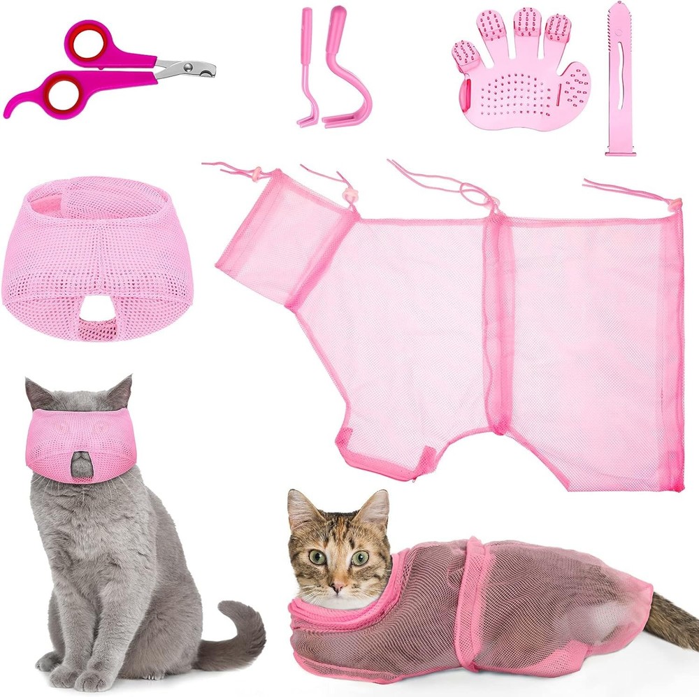 Pink Cat Bathing Set: 5 Essential Tools including Muzzle & Grooming Bag - Large