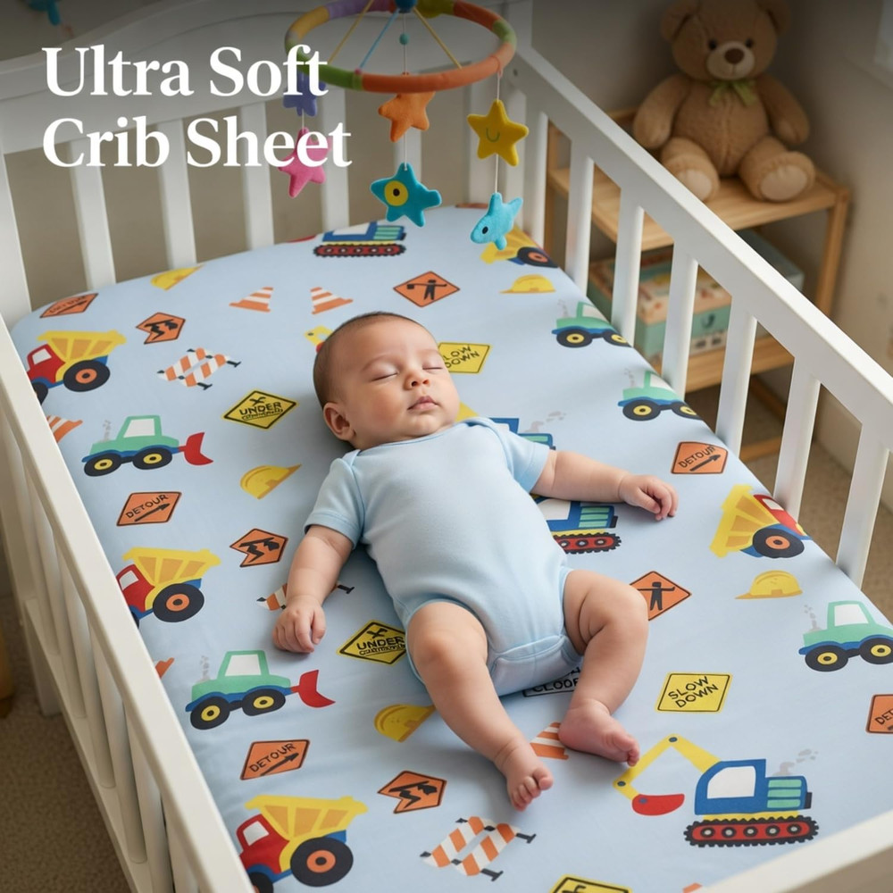 Baby Boy Fitted Crib Sheet, under Construction, 100% Soft Breathable Microfiber