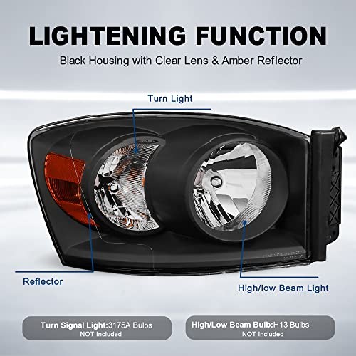 Headlight Assembly Compatible with 2006-2008 Ram Black/Clear/Amber OE Style