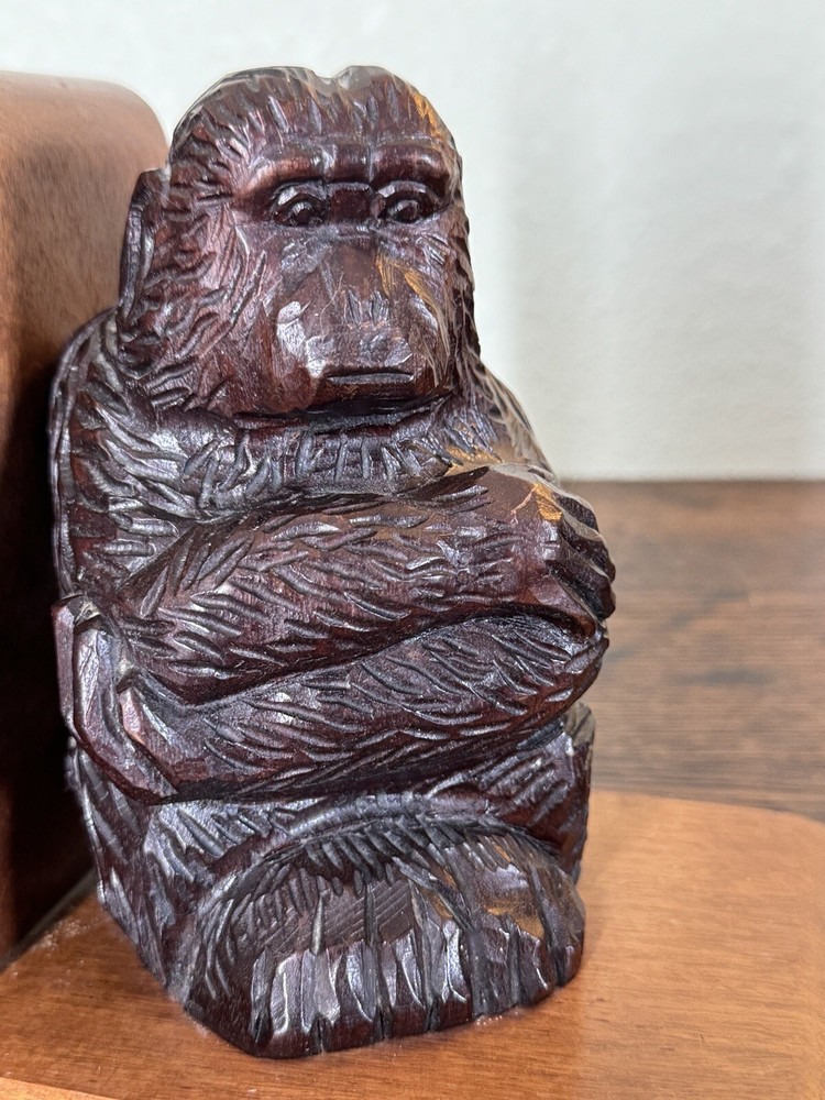 Monkey Bookend Hand Carved Solid Wood Bookend Vintage