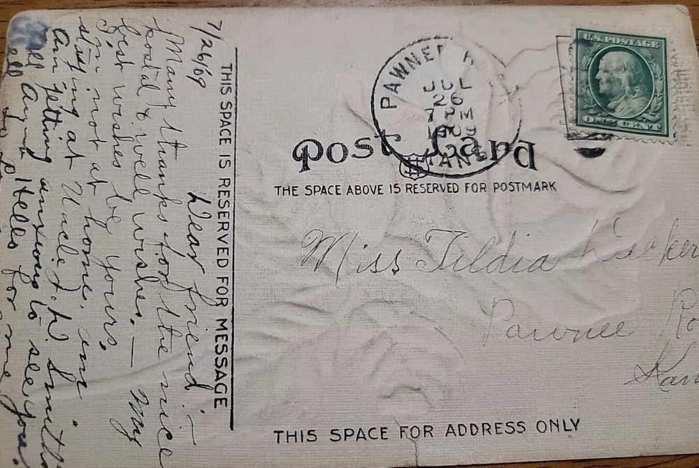 Benjamin Franklin Green One Cent Stamp on a 1909 Post card.