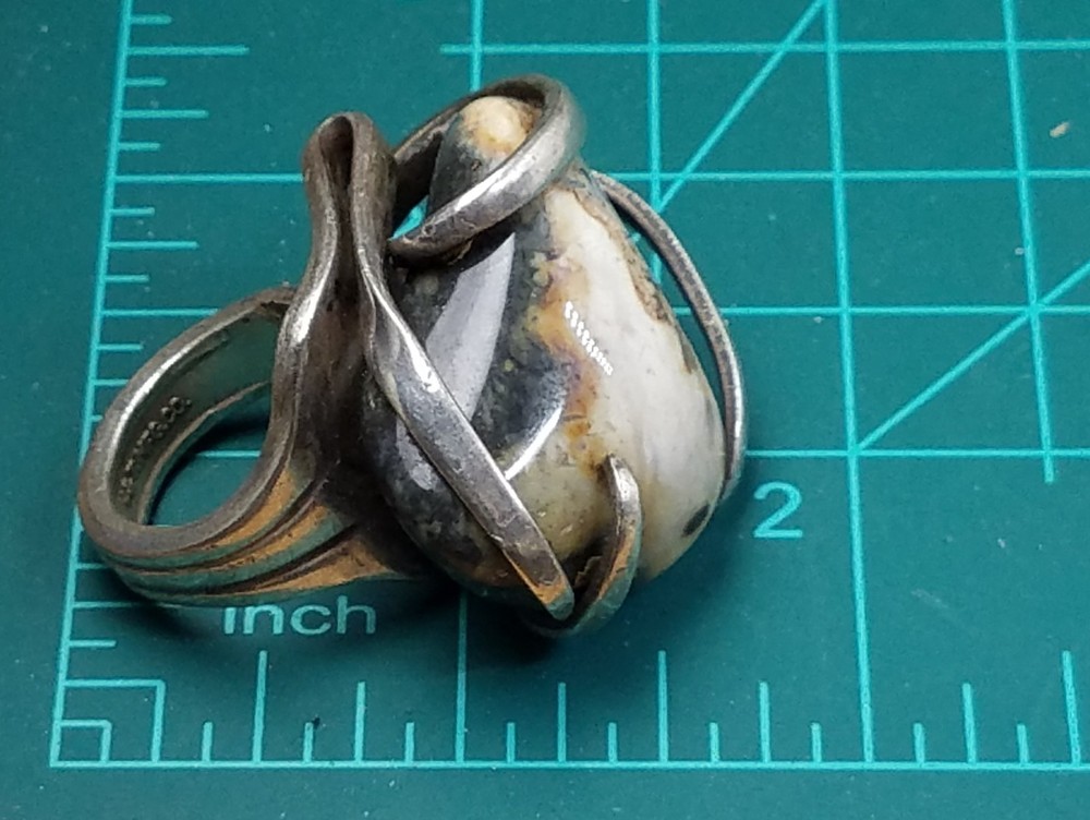 Vintage Fork Ring Large Stone Artisan Silver Tone Size 7