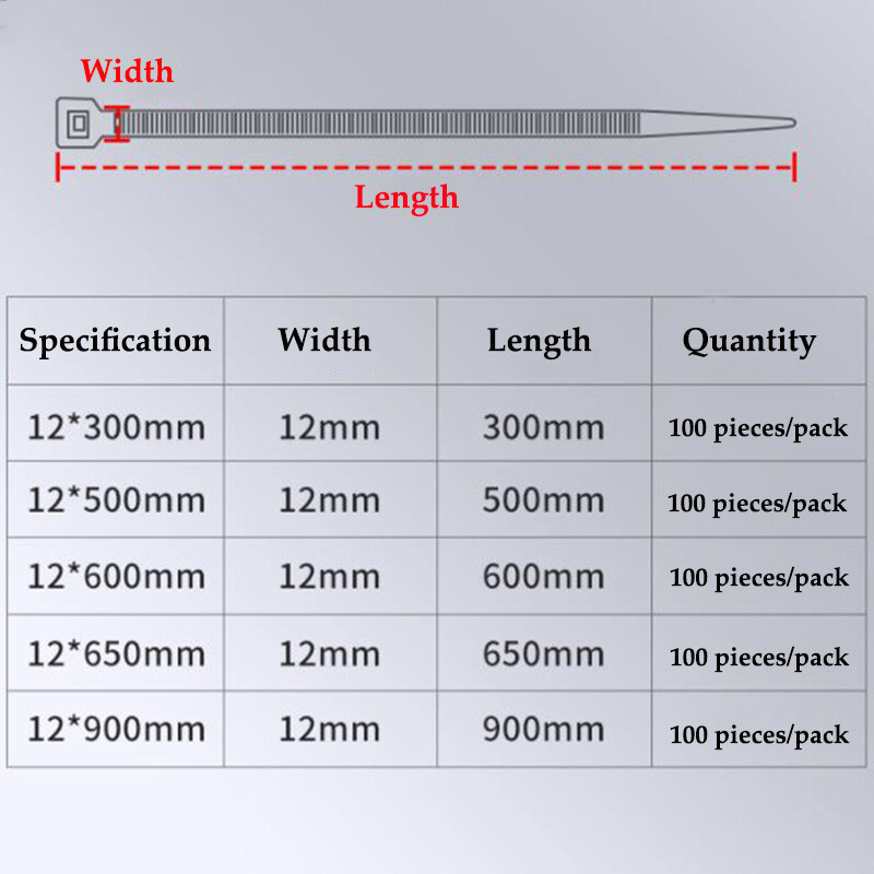 12mm Width Nylon Plastic Cable Ties Zip Tie Wraps Strong All Sizes White/Black