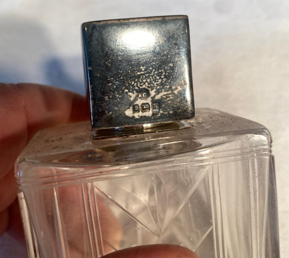 Sterling & Enamel Top Perfume Bottle w Etching & Dauber Insert
