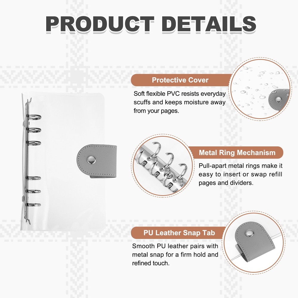 A6 Binder Cover, Soft PVC 6 Round Ring Clear Refillable Notebook, Silver Clip
