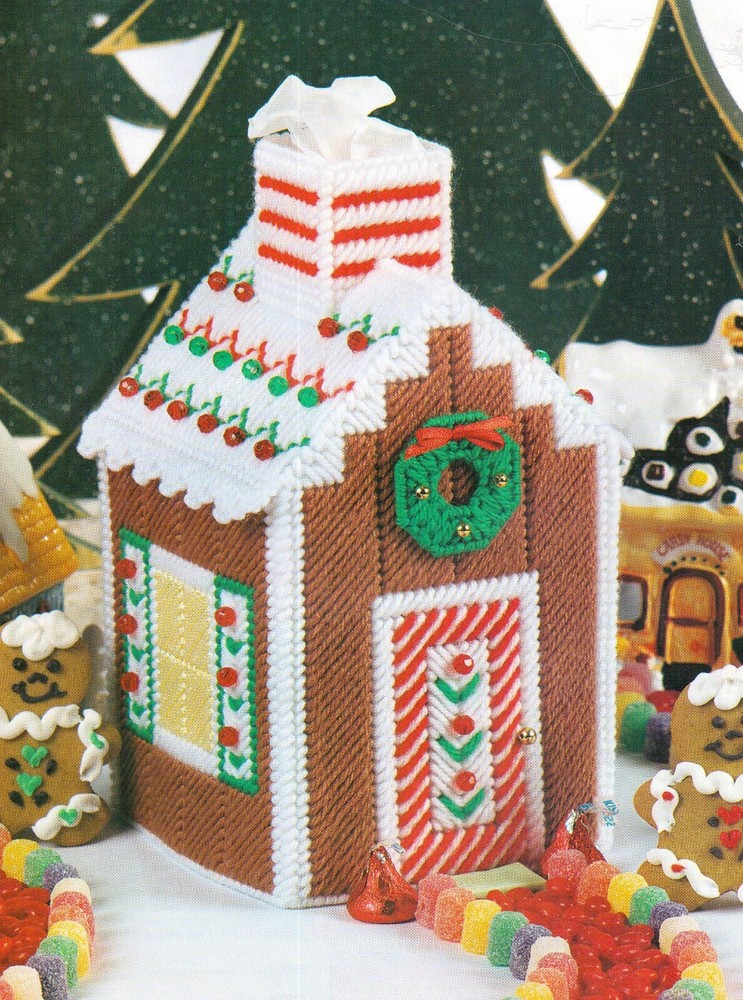 GINGERBREAD HOUSE TISSUE TOPPER CHRISTMAS PLASTIC CANVAS PATTERN INSTRUCTIONS