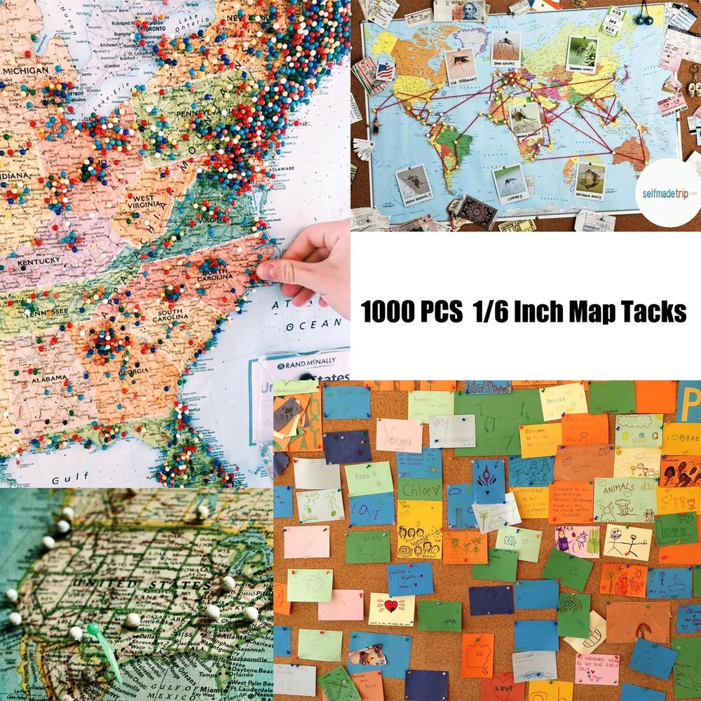 1000 PCS Push Pins Map Tacks,Multi-Color 1/8" Round Head with Silver