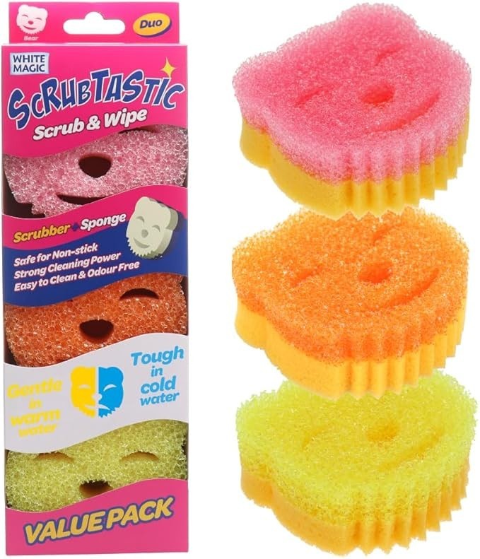 White Magic Scrubtastic Scrub & Wipe Sponge Duo 3 Pack – Dual-Action
